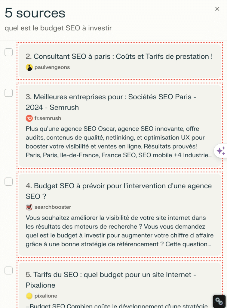 liste des 5 liens annexes aux réponses de Perplexity pour SearchBooster Agence AI